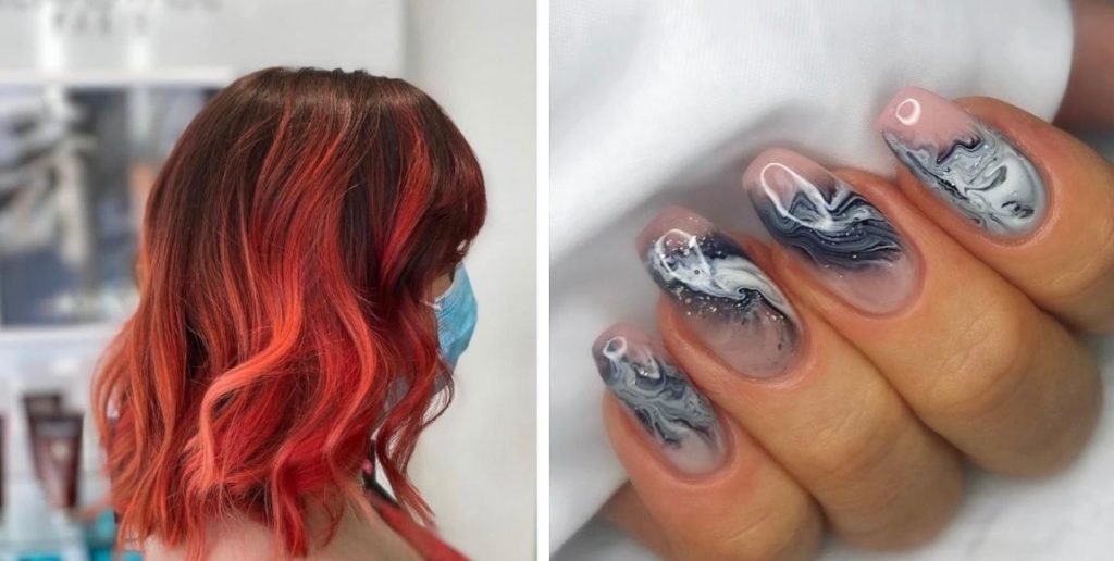 small business spotlight: lipstick and locks image featuring red hair and galaxy print nails
