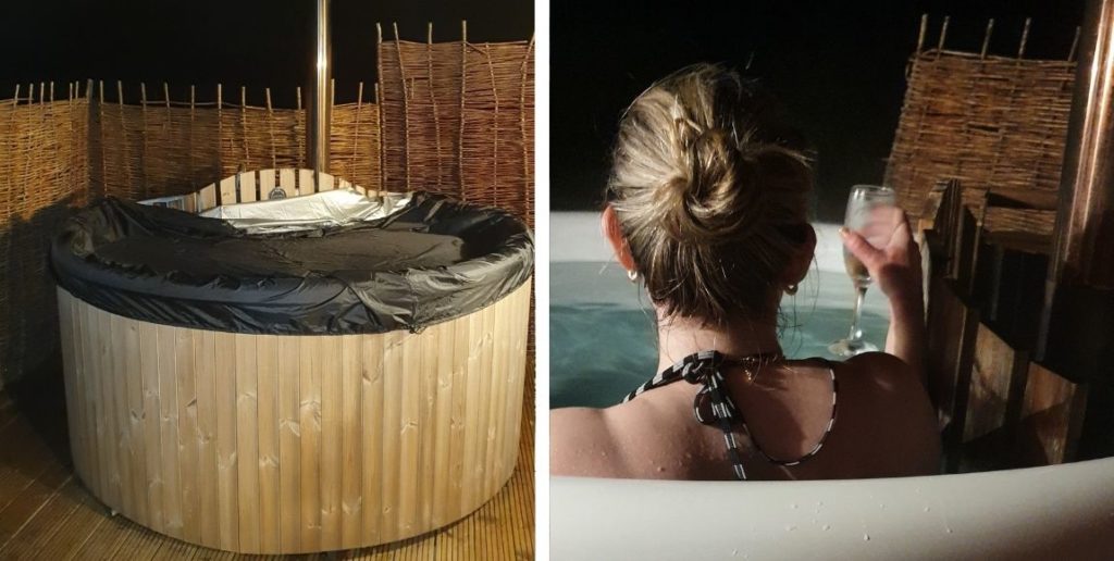 Upper Grove Farm hot tub and girl sitting in hot tub with Prosecco glass