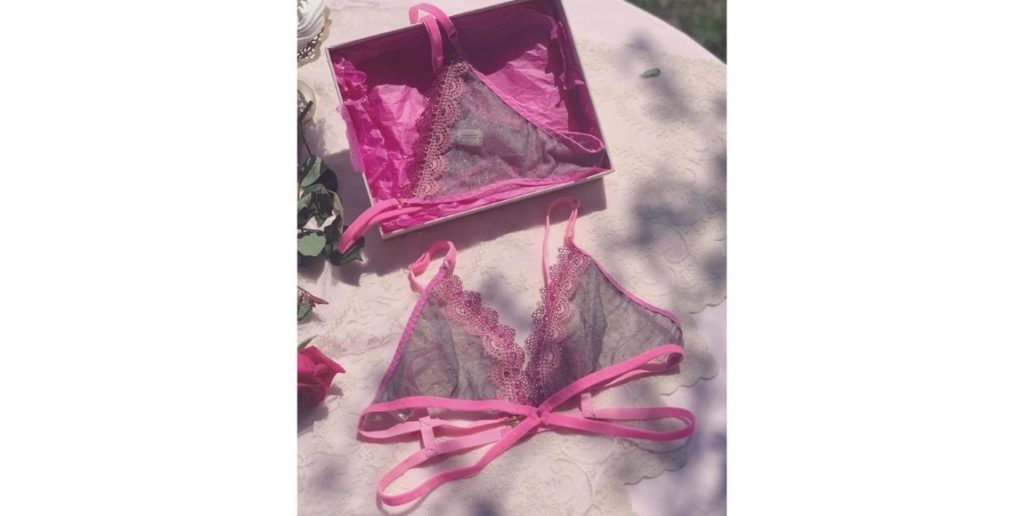 Maria Callisto Valentine Collection underwear set of pink lace underwear on table