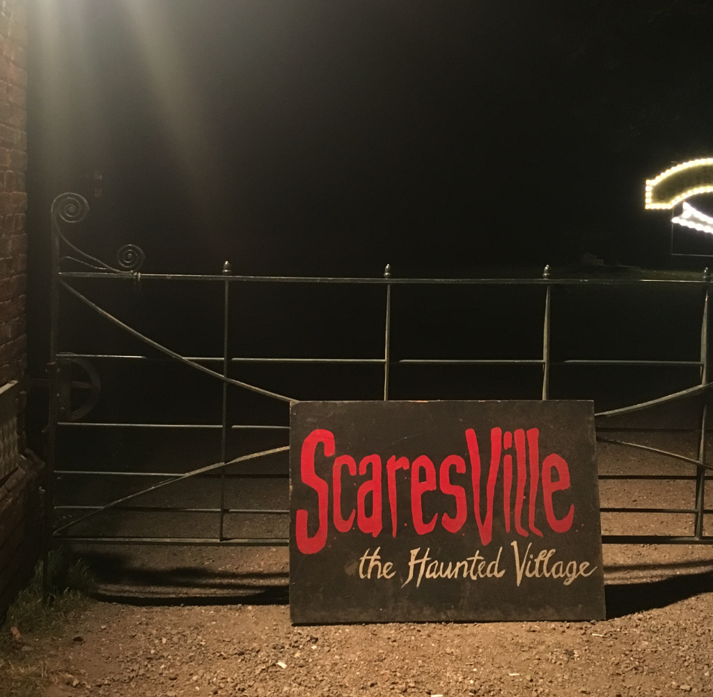 Scaresville sign at the entrance of the haunted village