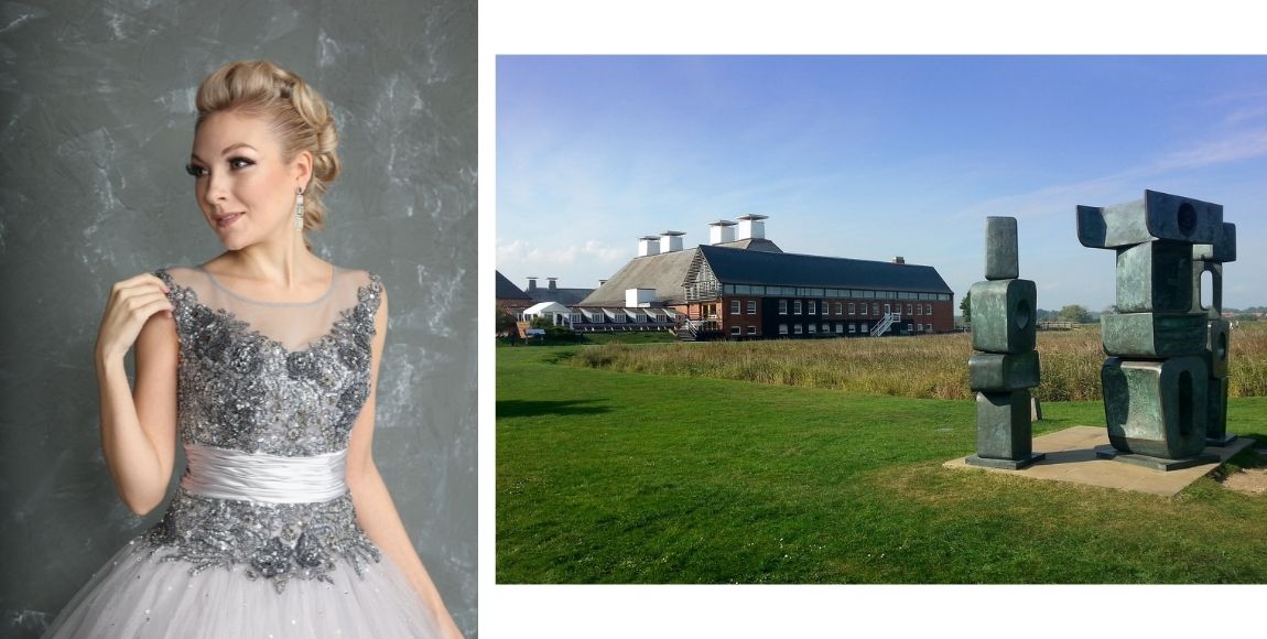 Christina Johnston - opera singer in Suffolk wearing a silver dress - and Snape Maltings